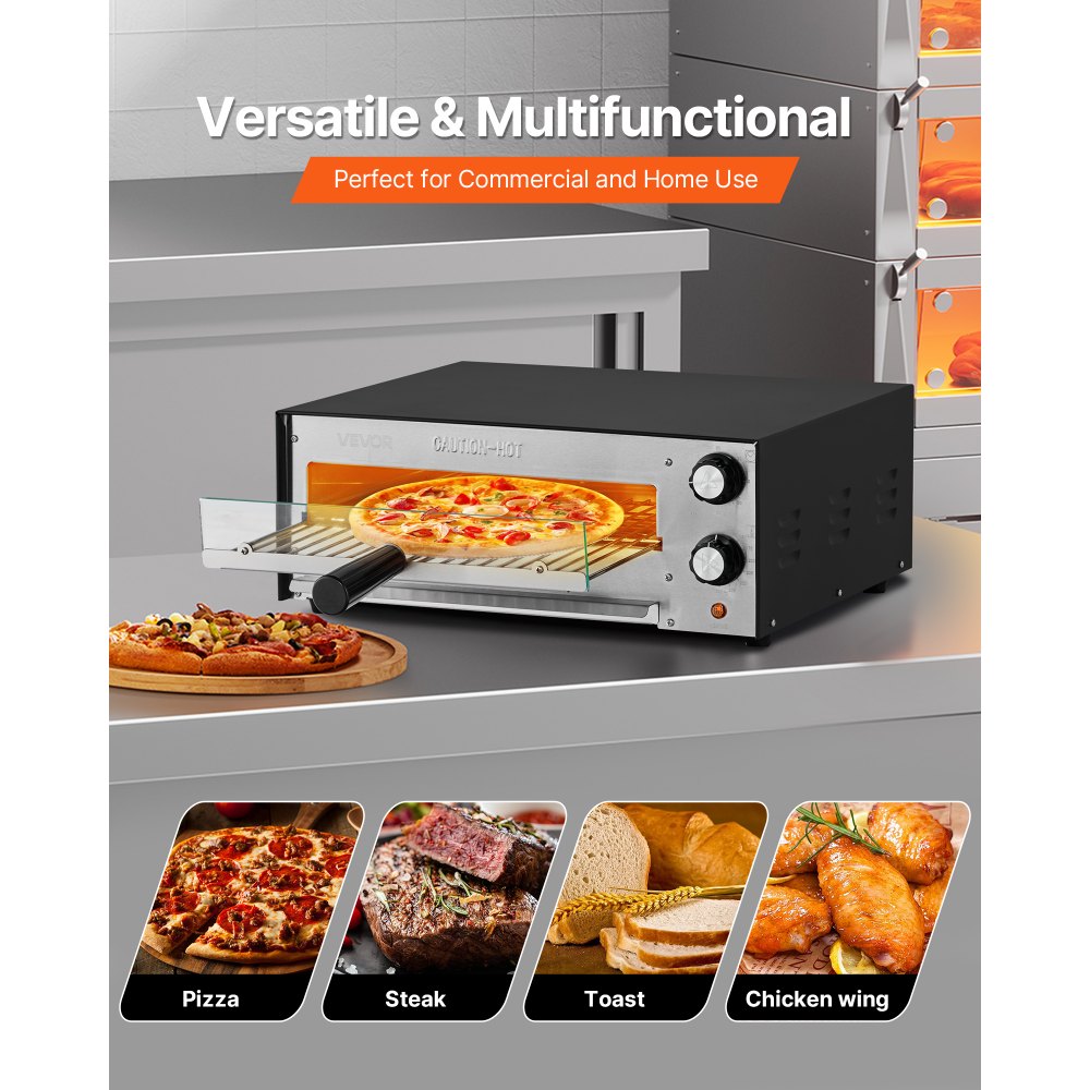 VEVOR Electric Pizza Oven, 12-inch Countertops Pizza Ovens, 572°F Max Temp, 1450W Indoor Pizzas Maker w/Timing & Temp Control, Pizza Cooker w/Dual Heat Tube, Crumb Tray, for Diner and Home Kitchen