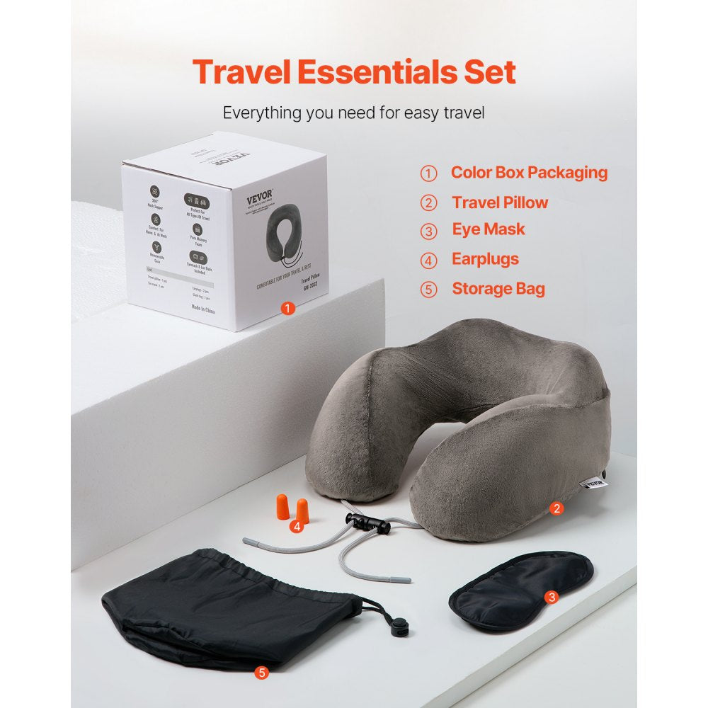 VEVOR Travel Pillow, Neck Pillow for Traveling, Upgraded Bamboo Charcoal Memory Foam Travel Neck Pillow with Eye Mask, Earplugs and Storage Bag, Suitable for Plane Car Home Recliner Use(Dark Gray)