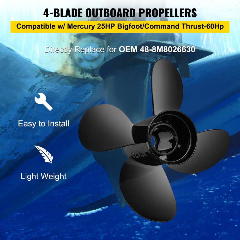 VEVOR Outboard Propeller, Replace for OEM 48-8M8026630, 4-Blade 10.3\" x 13\" Aluminum Boat Propeller, Compatible with Mercury Mariner 25HP Bigfoot/Command Thrust 60Hp Outboard, 13 Tooth Splines, RH