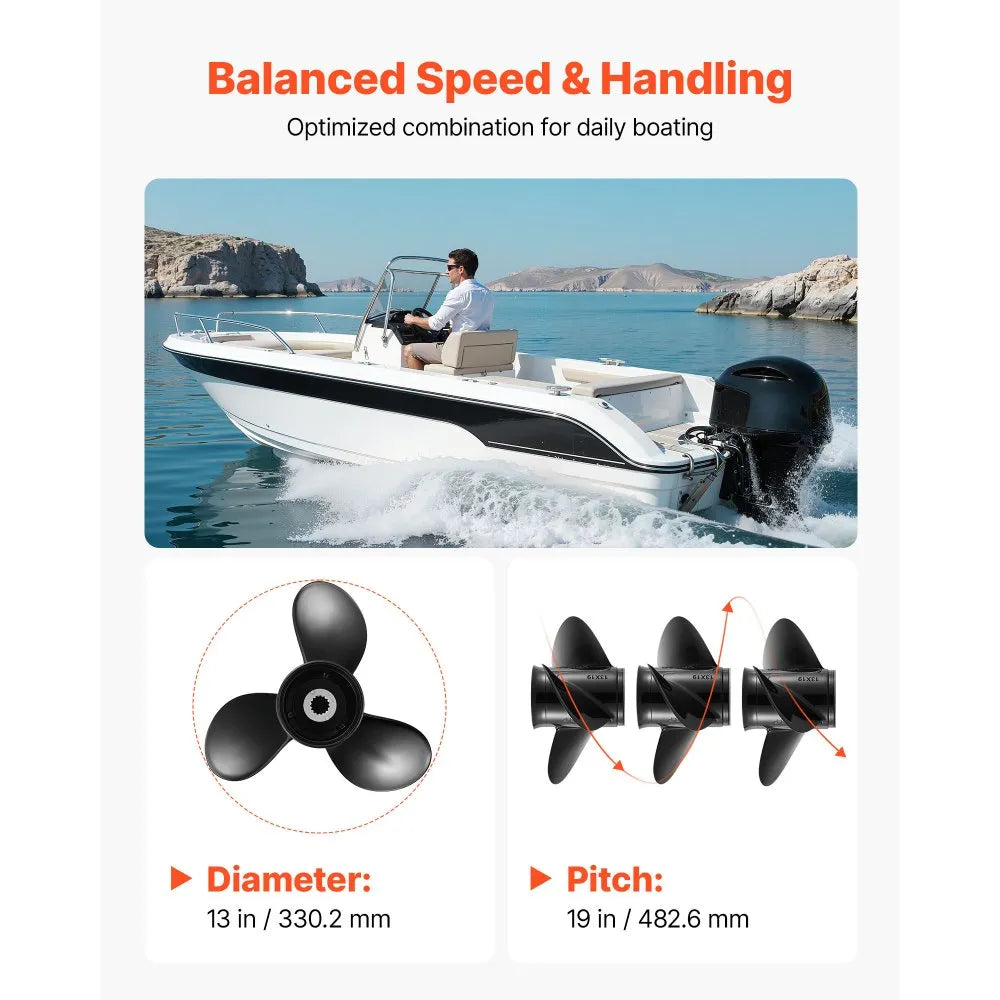 VEVOR Outboard Propeller, Upgrade OEM 15 Spline Tooth Aluminum Outboard Boat Propeller Fit Mercury Engines 40-140 HP, 4-1/4" Gearcase, 3-Blade, RH (Right Hand Rotation), OEM Parts No. 48-77346A45