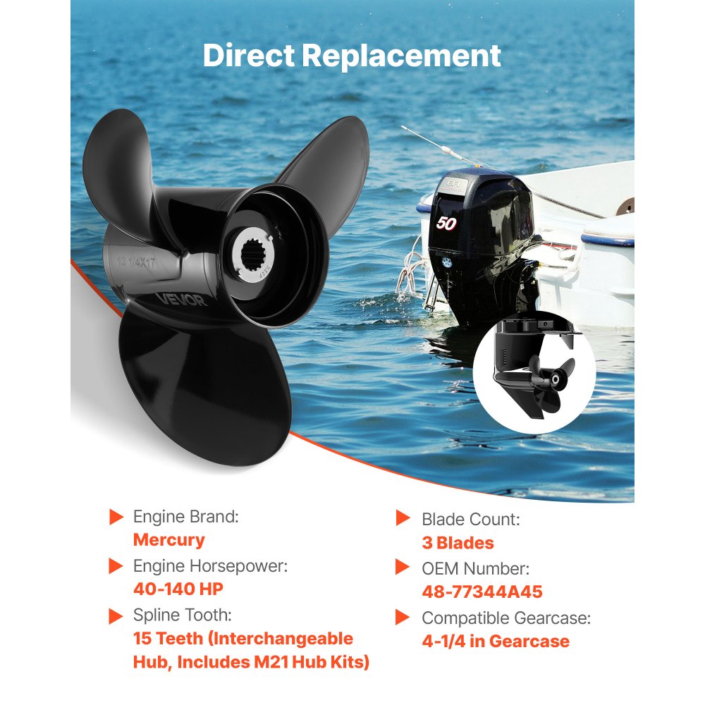 VEVOR Outboard Propeller, Upgrade OEM 15 Spline Tooth Aluminum Outboard Boat Propeller Fit Mercury Engines 40-140 HP, 4-1/4" Gearcase, 3-Blade, RH (Right Hand Rotation), OEM Parts No. 48-77344A45