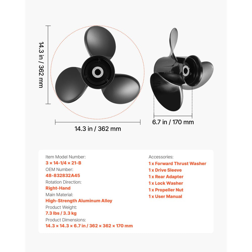 VEVOR Outboard Propeller, Upgrade OEM 15 Spline Tooth Aluminum Outboard Boat Propeller Fit Mercury/Mariner Engines 90-400 HP, 4-3/4" Gearcase, 3-Blade, RH (Right Hand Rotation), OEM No. 48-832832A45