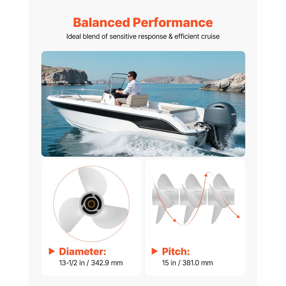 VEVOR Outboard Propeller, Upgrade OEM 15 Spline Tooth Aluminum Outboard Boat Propeller Fit Yamaha Engines 60-130 HP, 4-1/4" Gearcase, 3-Blade, RH (Right Hand Rotation), OEM Parts No. 6E5-45947-00-EL