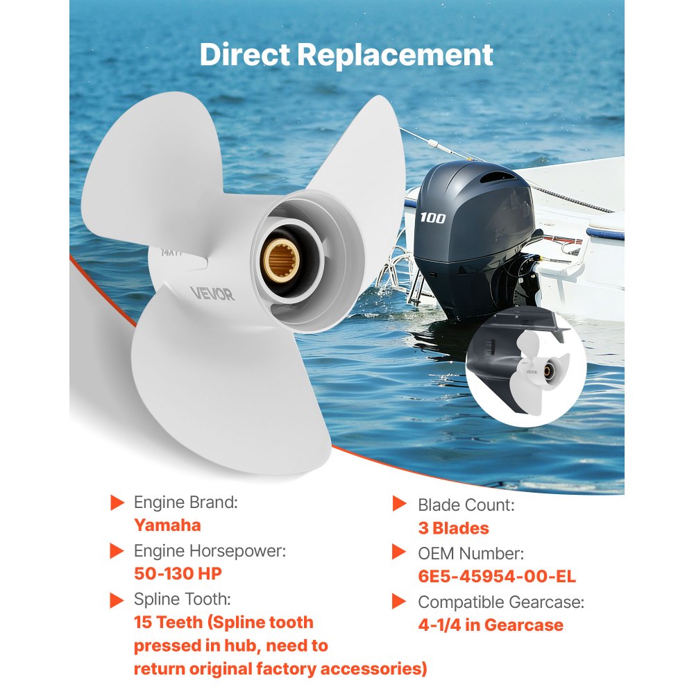 VEVOR Outboard Propeller, Upgrade OEM 15 Spline Tooth Aluminum Outboard Boat Propeller Fit Yamaha Engines 50-130 HP, 4-1/4" Gearcase, 3-Blade, RH (Right Hand Rotation), OEM Parts No. 6E5-45954-00-EL