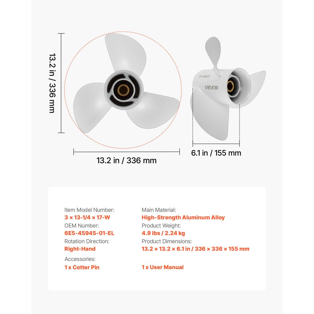 VEVOR Outboard Propeller, Upgrade OEM 15 Spline Tooth Aluminum Outboard Boat Propeller Fit Yamaha Engines 50-130 HP, 4-1/4" Gearcase, 3-Blade, RH (Right Hand Rotation), OEM Parts No. 6E5-45945-01-EL