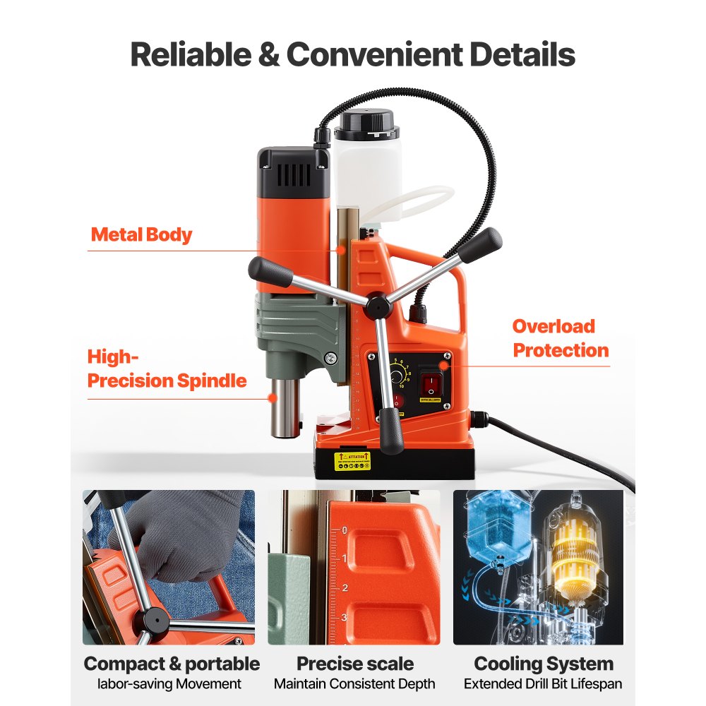 VEVOR Magnetic Drill Press, 1400 W, 2 in Boring Diameter, 2810 lbf Power Portable Mag Drill Press, 0–800 RPM Adjustable Speed, with Weldon Shank, for Metal Surface, Industrial and Home Improvement