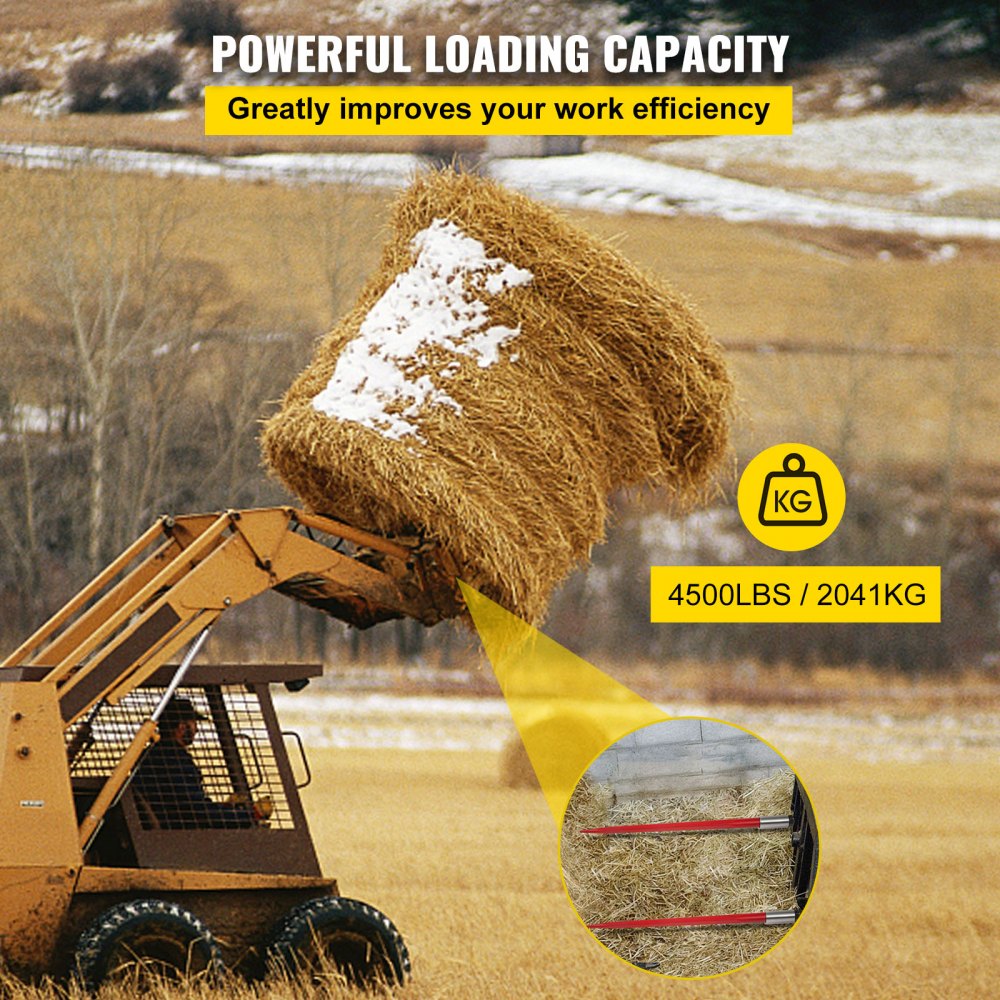 VEVOR Hay Spear 49" Bale Spear 4500 lbs Capacity, Bale Spike Quick Attach Square Hay Bale Spears 1 3/4" wide, Red Coated Bale Forks, Bale Hay Spike with Hex Nut & Sleeve for Buckets Tractors Loaders