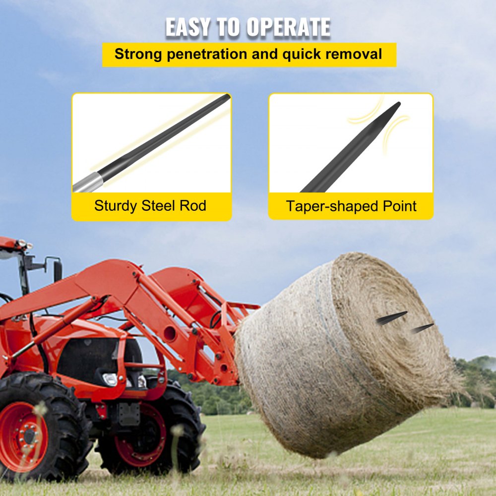 VEVOR Hay Spear 39\" Bale Spear 3600 lbs Capacity, Bale Spike Quick Attach Square Hay Bale Spears 1 3/4\", Black Coated Bale Forks, Bale Hay Spike with Hex Nut and Sleeve for Buckets Tractors Loaders
