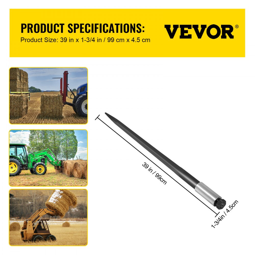VEVOR Hay Spear 39\" Bale Spear 3600 lbs Capacity, Bale Spike Quick Attach Square Hay Bale Spears 1 3/4\", Black Coated Bale Forks, Bale Hay Spike with Hex Nut and Sleeve for Buckets Tractors Loaders