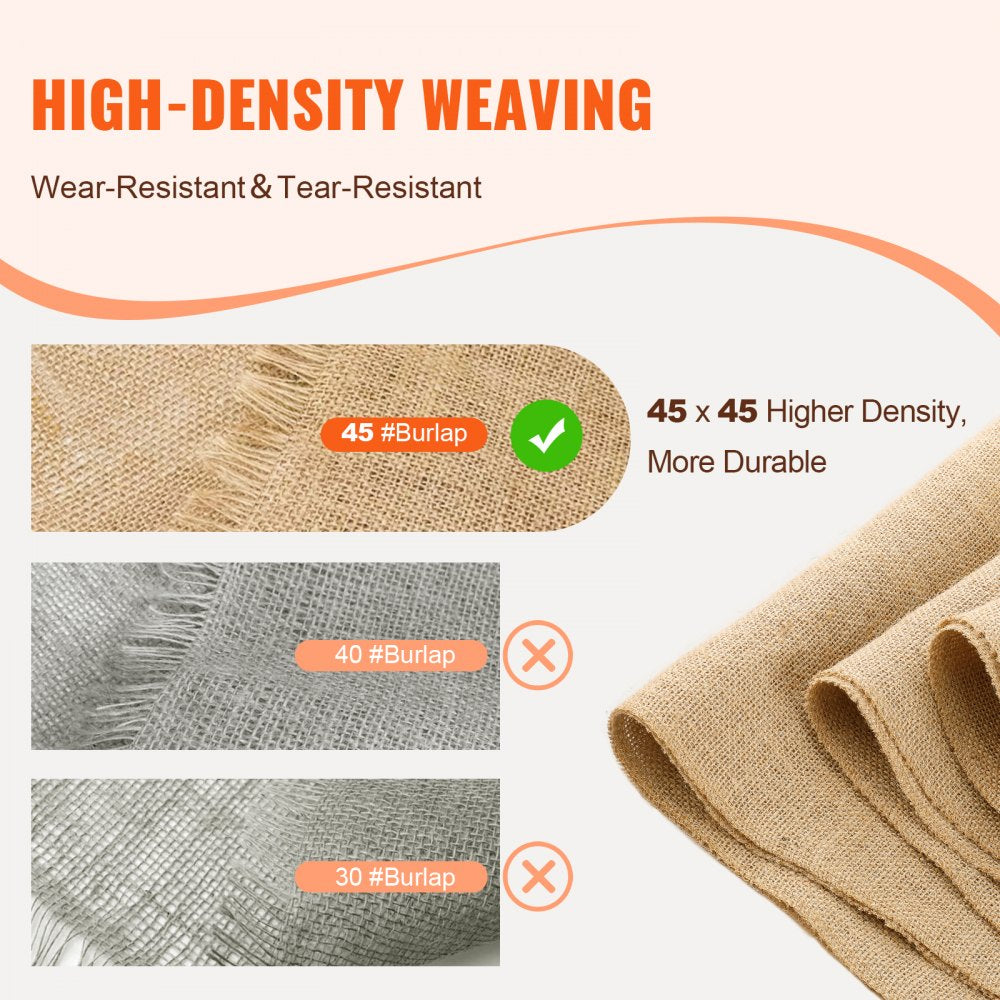 VEVOR Burlap Fabric Roll, 14” x 150 ft & 50 x 50 High Density Wide Natural Burlap Fabric Rolls, Jute Fabric Burlap Tree Wrap Roll, for Decor, Crafts, Wedding, Gardening, Plant & Tree Winter Covering