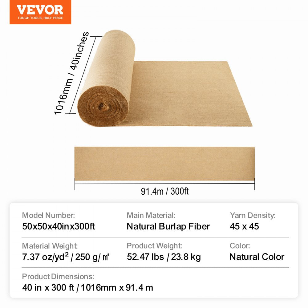 VEVOR Burlap Fabric Roll, 40” x 300 ft & 45 x 45 High Density Wide Natural Burlap Fabric Rolls, Jute Fabric Burlap Tree Wrap Roll, for Decor, Crafts, Wedding, Gardening, Plant & Tree Winter Covering