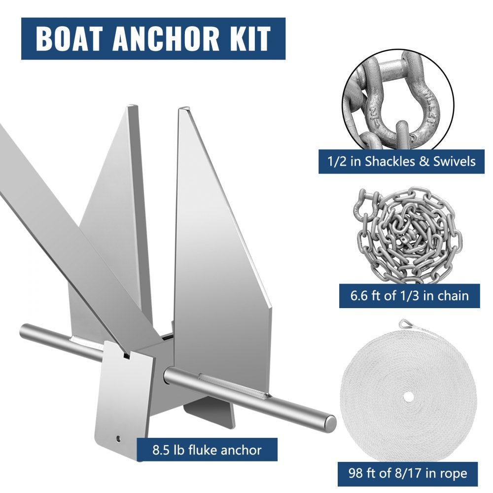 VEVOR Boat Anchor Kit 8.5 lb Fluke Style Anchor, Hot Dipped Galvanized Steel Fluke Anchor, Marine Anchor with Anchor, Rope, Shackles, Chain for Boat Mooring on The Beach, Boats from 15\'-24\'