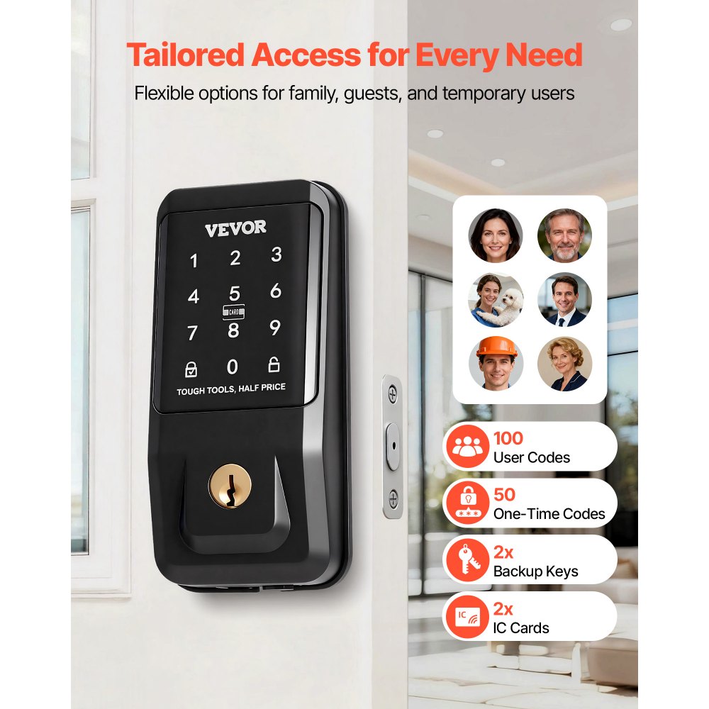 VEVOR Keyless Entry Door Lock, Touchpad Electronic Deadbolt with IC Card, Customizable User Codes, Keyed Entry, Auto Lock, Anti-Peeking Password, Backlit, Easy Installation, for Home, Matte Black