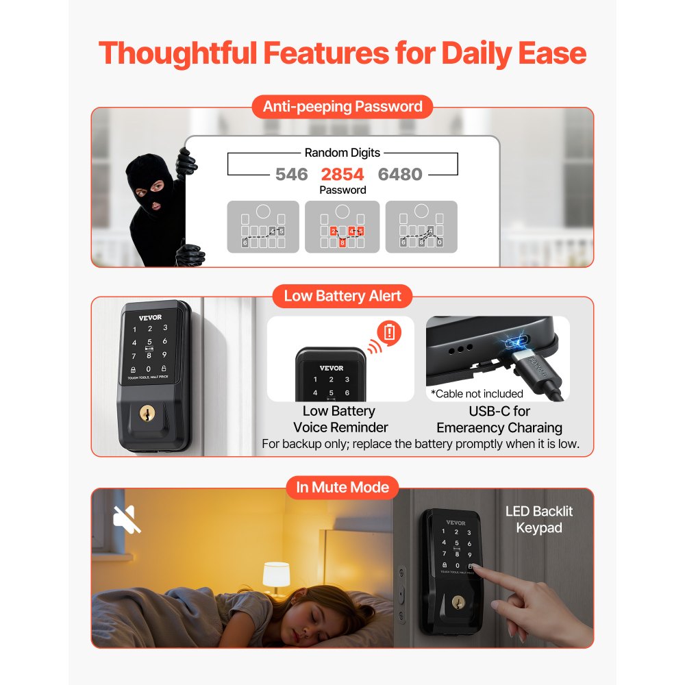 VEVOR Keyless Entry Door Lock, Touchpad Electronic Deadbolt with IC Card, Customizable User Codes, Keyed Entry, Auto Lock, Anti-Peeking Password, Backlit, Easy Installation, for Home, Matte Black