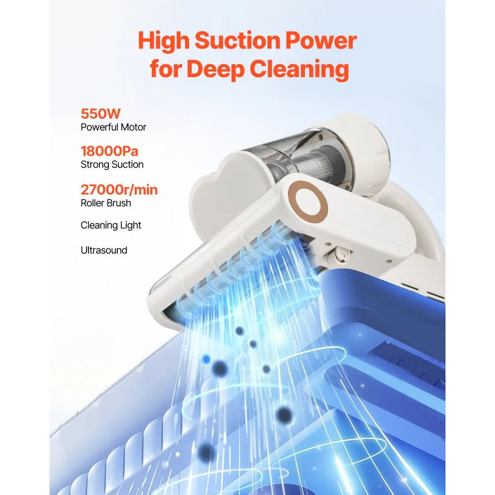 VEVOR Mattress Vacuum Cleaner, 550W Bed Vacuum Cleaner with 18Kpa Powerful Suction and Dual Dust Bin, HEPA Filter & Heating, Ultrasound Tech & Cleaning Lights, Handheld for Bed, Sofa, Corded, White