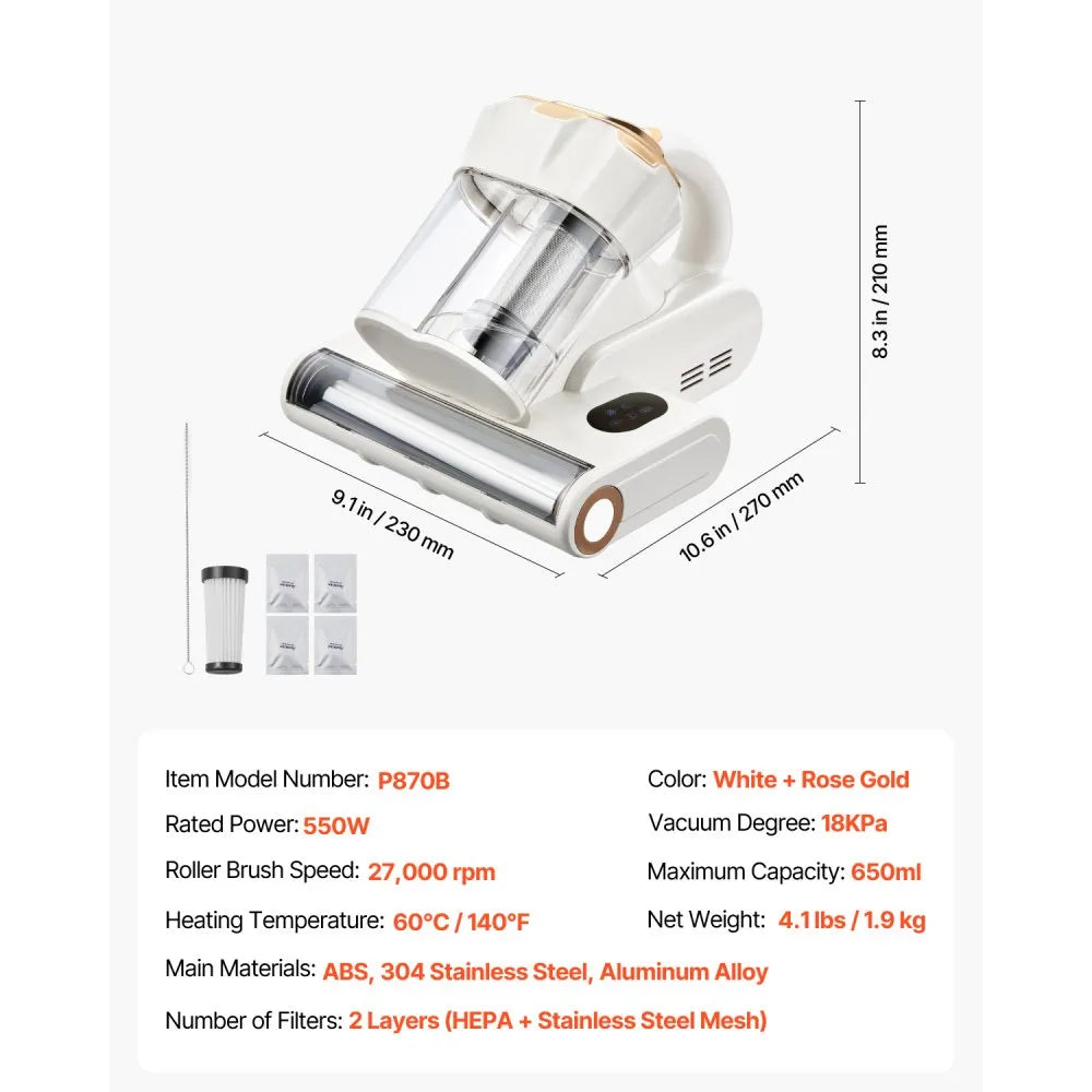 VEVOR Mattress Vacuum Cleaner, 550W Bed Vacuum Cleaner with 18Kpa Powerful Suction and Dual Dust Bin, HEPA Filter & Heating, Ultrasound Tech & Cleaning Lights, Handheld for Bed, Sofa, Corded, White