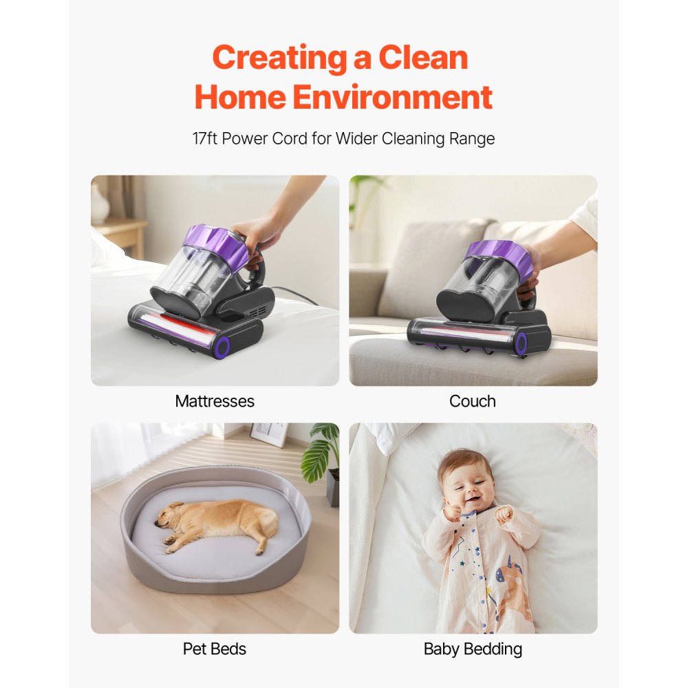 VEVOR Mattress Vacuum Cleaner, 550W Bed Vacuum Cleaner with 18Kpa Powerful Suction and Dual Dust Bin, HEPA Filter & Heating, Ultrasound Tech & Cleaning Lights, Handheld for Bed, Sofa, Corded, Gray