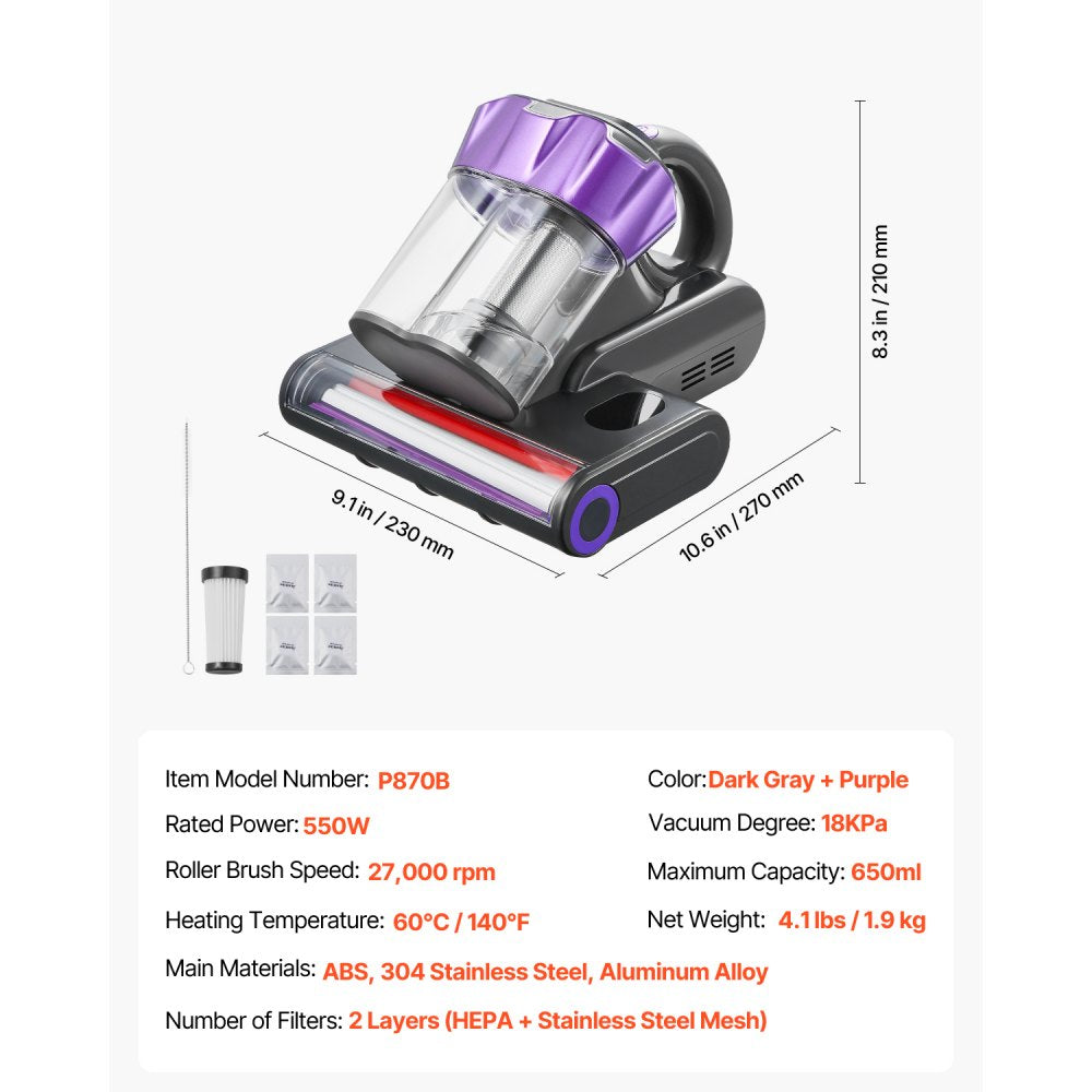 VEVOR Mattress Vacuum Cleaner, 550W Bed Vacuum Cleaner with 18Kpa Powerful Suction and Dual Dust Bin, HEPA Filter & Heating, Ultrasound Tech & Cleaning Lights, Handheld for Bed, Sofa, Corded, Gray