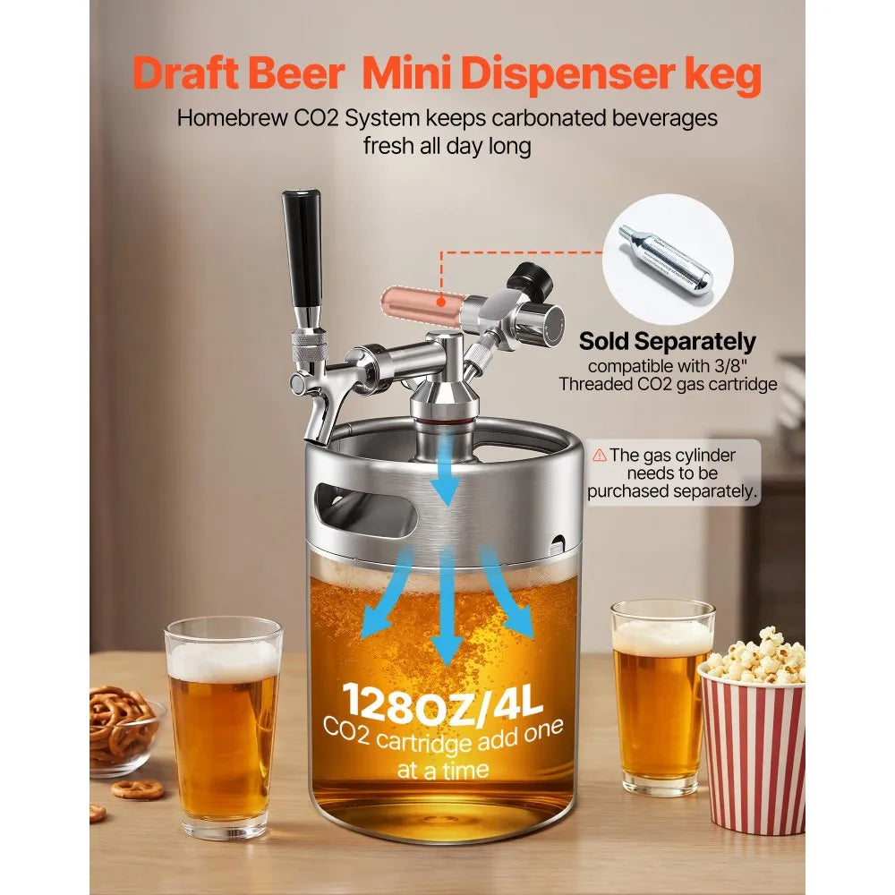 VEVOR 128oz Mini Keg, Pressurized Growler Tap System, 304 Stainless Steel Beer Kit, with Co2 Regulator, Self-Closing Faucet, Keeps Fresh and Carbonation for Homebrew, Craft and Draft Beer