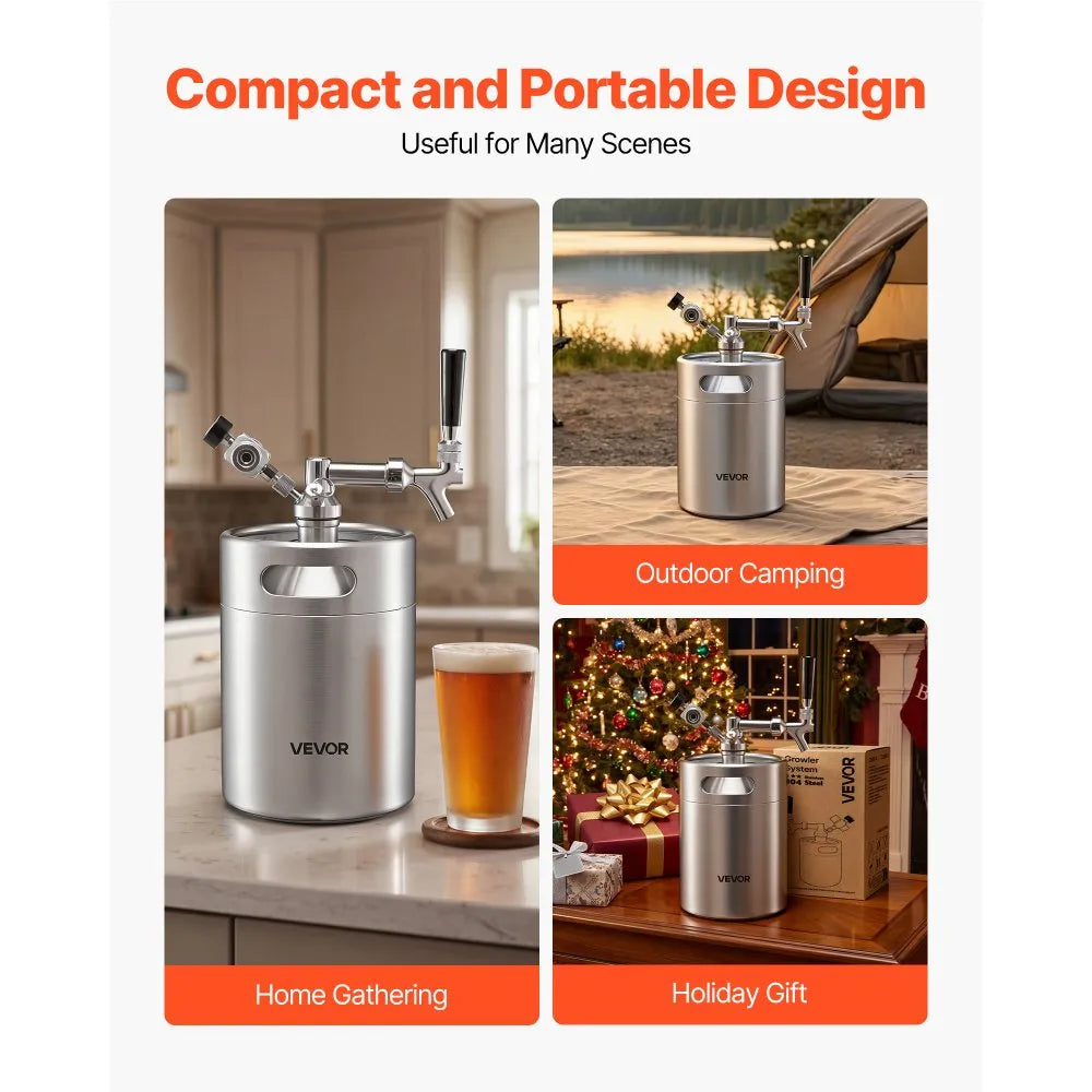 VEVOR 128oz Mini Keg, Pressurized Growler Tap System, 304 Stainless Steel Beer Kit, with Co2 Regulator, Self-Closing Faucet, Keeps Fresh and Carbonation for Homebrew, Craft and Draft Beer