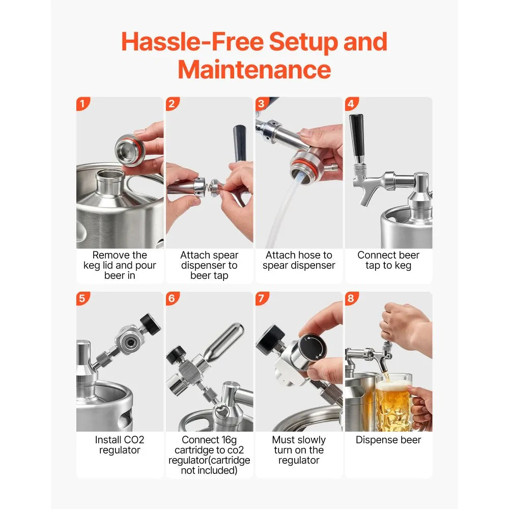VEVOR 170oz Mini Keg, Pressurized Growler Tap System, 304 Stainless Steel Beer Kit, with Co2 Regulator, Self-Closing Faucet, Keeps Fresh and Carbonation for Homebrew, Craft and Draft Beer