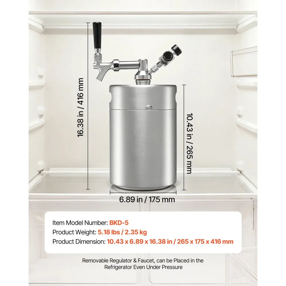 VEVOR 170oz Mini Keg, Pressurized Growler Tap System, 304 Stainless Steel Beer Kit, with Co2 Regulator, Self-Closing Faucet, Keeps Fresh and Carbonation for Homebrew, Craft and Draft Beer