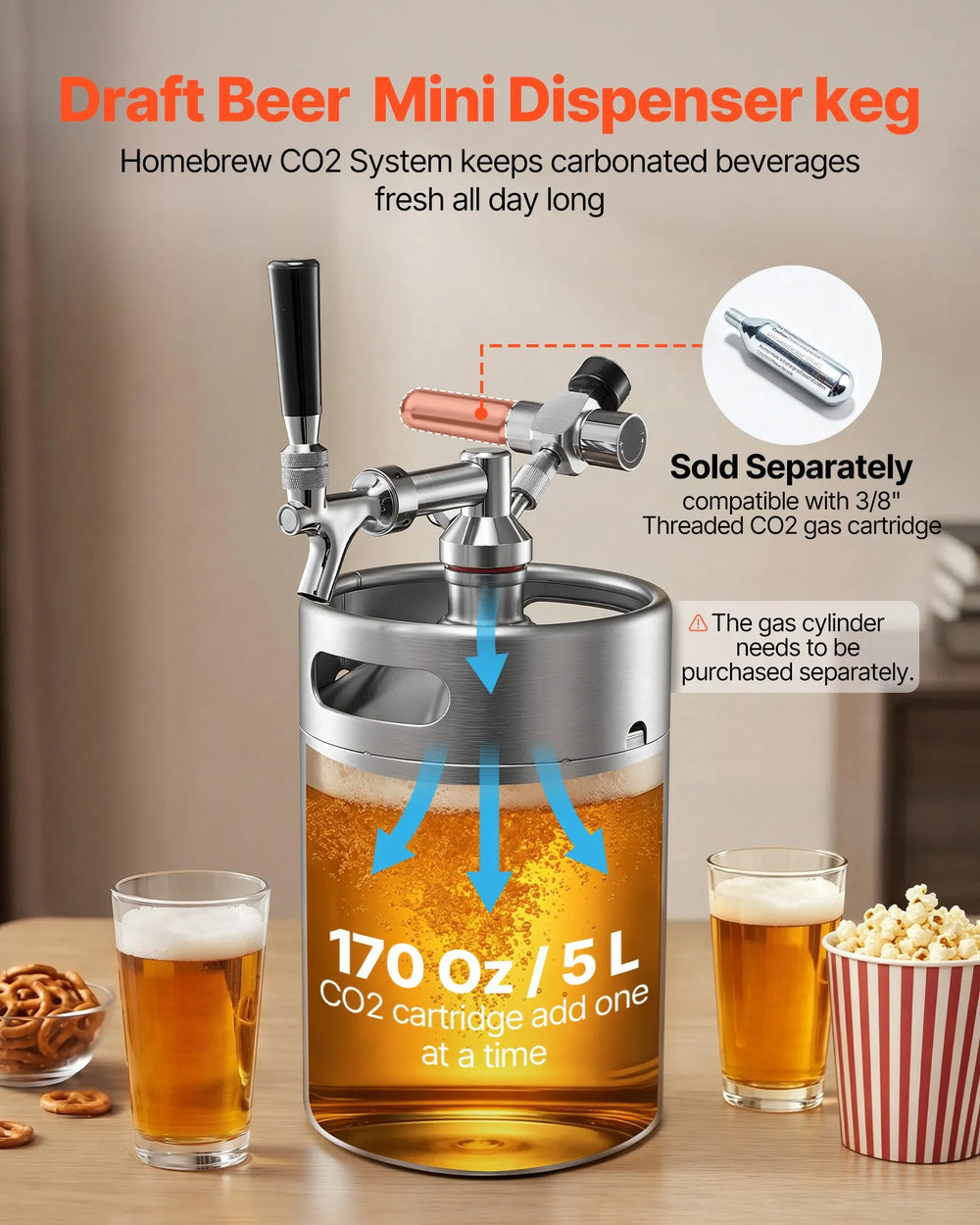 VEVOR 170oz Mini Keg, Pressurized Growler Tap System, 304 Stainless Steel Beer Kit, with Co2 Regulator, Self-Closing Faucet, Keeps Fresh and Carbonation for Homebrew, Craft and Draft Beer