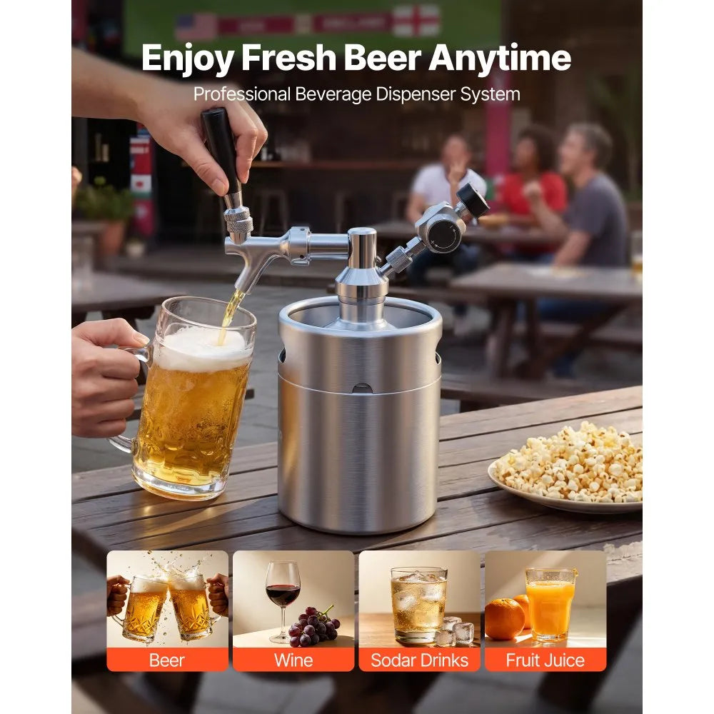 VEVOR 64oz Mini Keg, Pressurized Growler Tap System, 304 Stainless Steel Beer Kit, with Co2 Regulator, Self-Closing Faucet, Keeps Fresh and Carbonation for Homebrew, Craft and Draft Beer