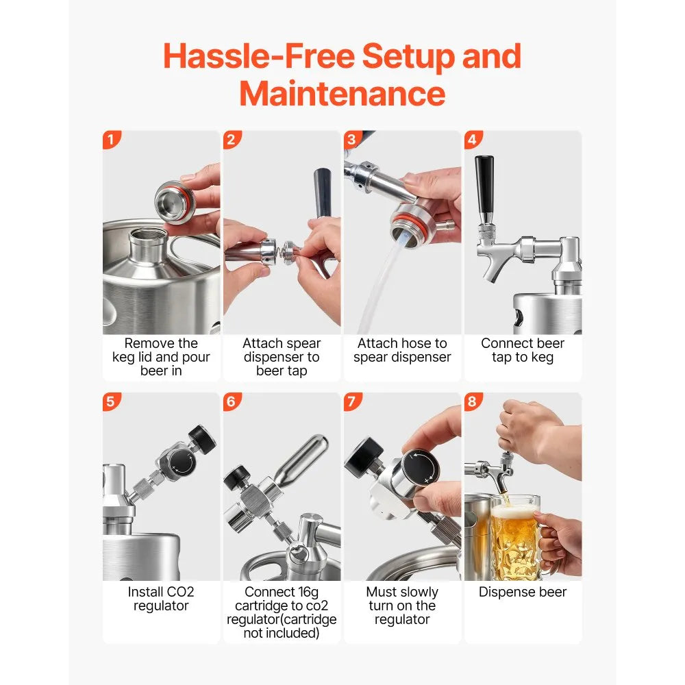 VEVOR 64oz Mini Keg, Pressurized Growler Tap System, 304 Stainless Steel Beer Kit, with Co2 Regulator, Self-Closing Faucet, Keeps Fresh and Carbonation for Homebrew, Craft and Draft Beer