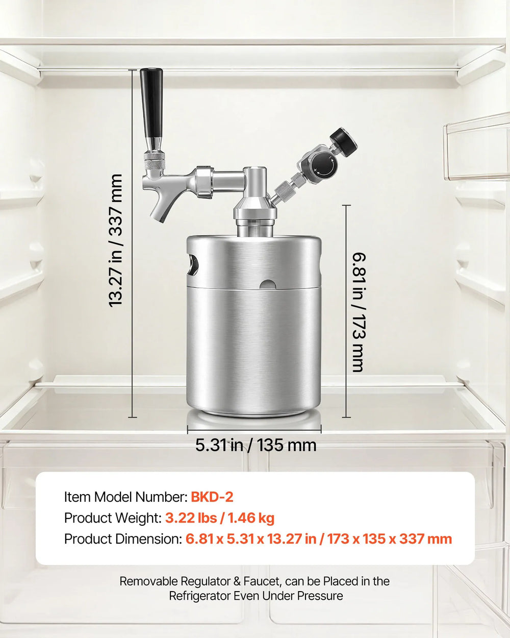 VEVOR 64oz Mini Keg, Pressurized Growler Tap System, 304 Stainless Steel Beer Kit, with Co2 Regulator, Self-Closing Faucet, Keeps Fresh and Carbonation for Homebrew, Craft and Draft Beer