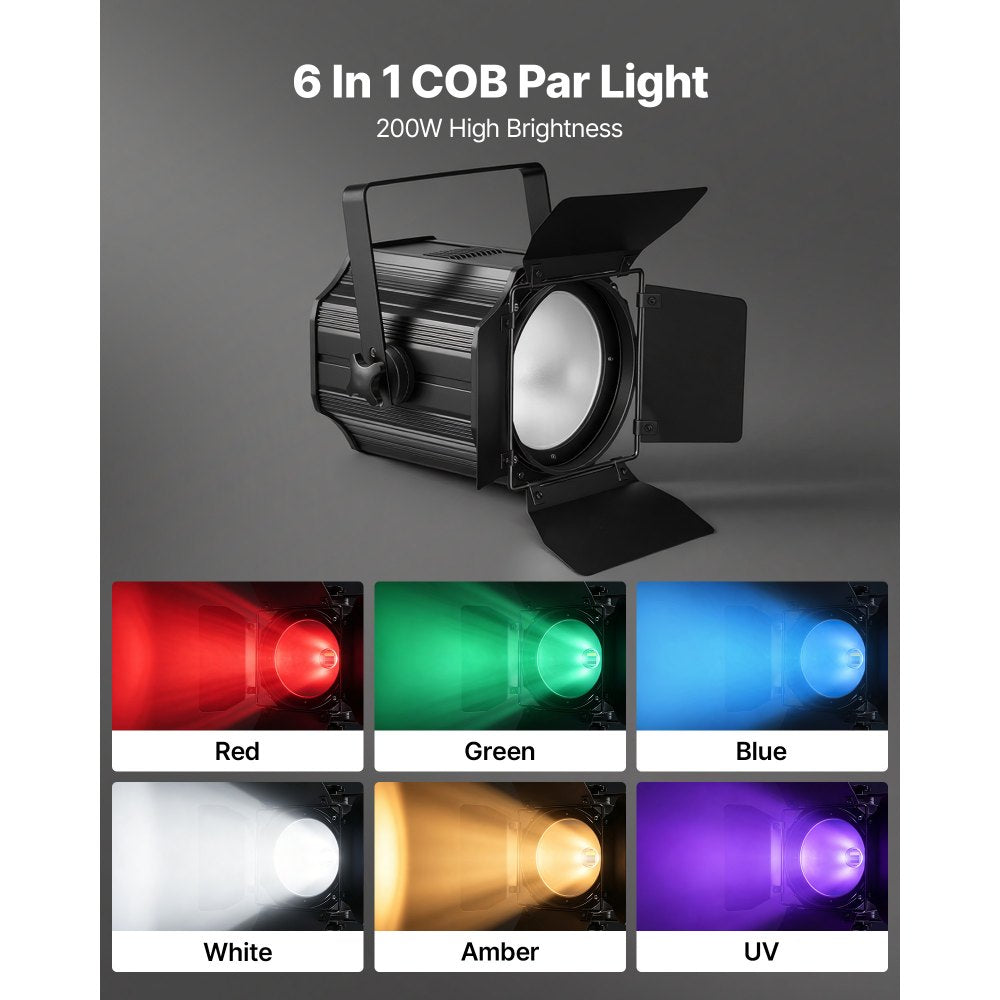 VEVOR Stage Light with Barn Doors, 200 W 6 in 1 COB Par Light RGBWA-U-V, Spotlight for Event, Wedding, Church, Theater, Bar, Concert, Auto/DMX/Master-Slave/Sound Control, Signal Cable & Power Cord