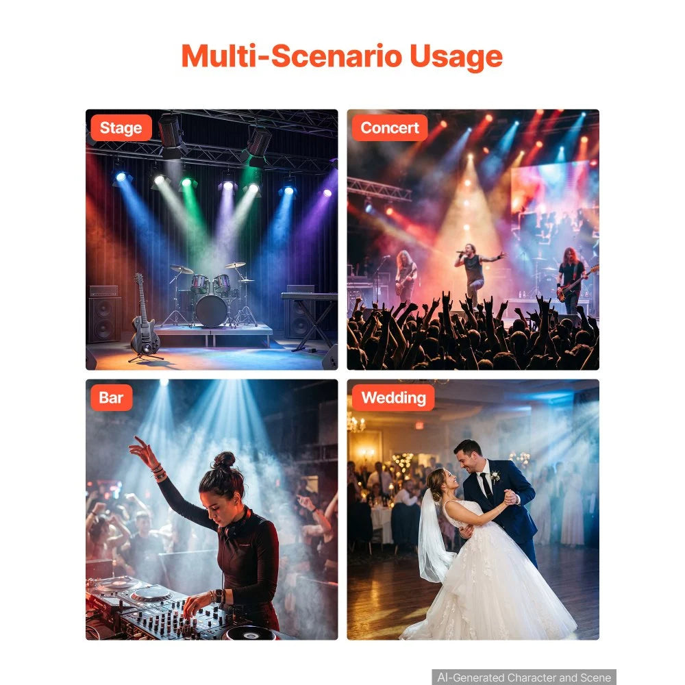 VEVOR Stage Light with Barn Doors, 200 W 6 in 1 COB Par Light RGBWA-U-V, Spotlight for Event, Wedding, Church, Theater, Bar, Concert, Auto/DMX/Master-Slave/Sound Control, Signal Cable & Power Cord