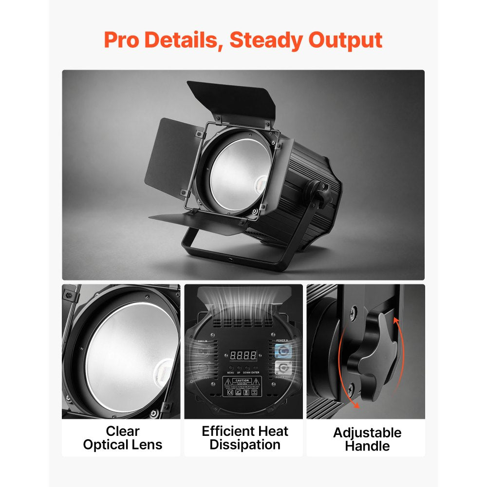 VEVOR Stage Light with Barn Doors, 200 W 6 in 1 COB Par Light RGBWA-U-V, Spotlight for Event, Wedding, Church, Theater, Bar, Concert, Auto/DMX/Master-Slave/Sound Control, Signal Cable & Power Cord