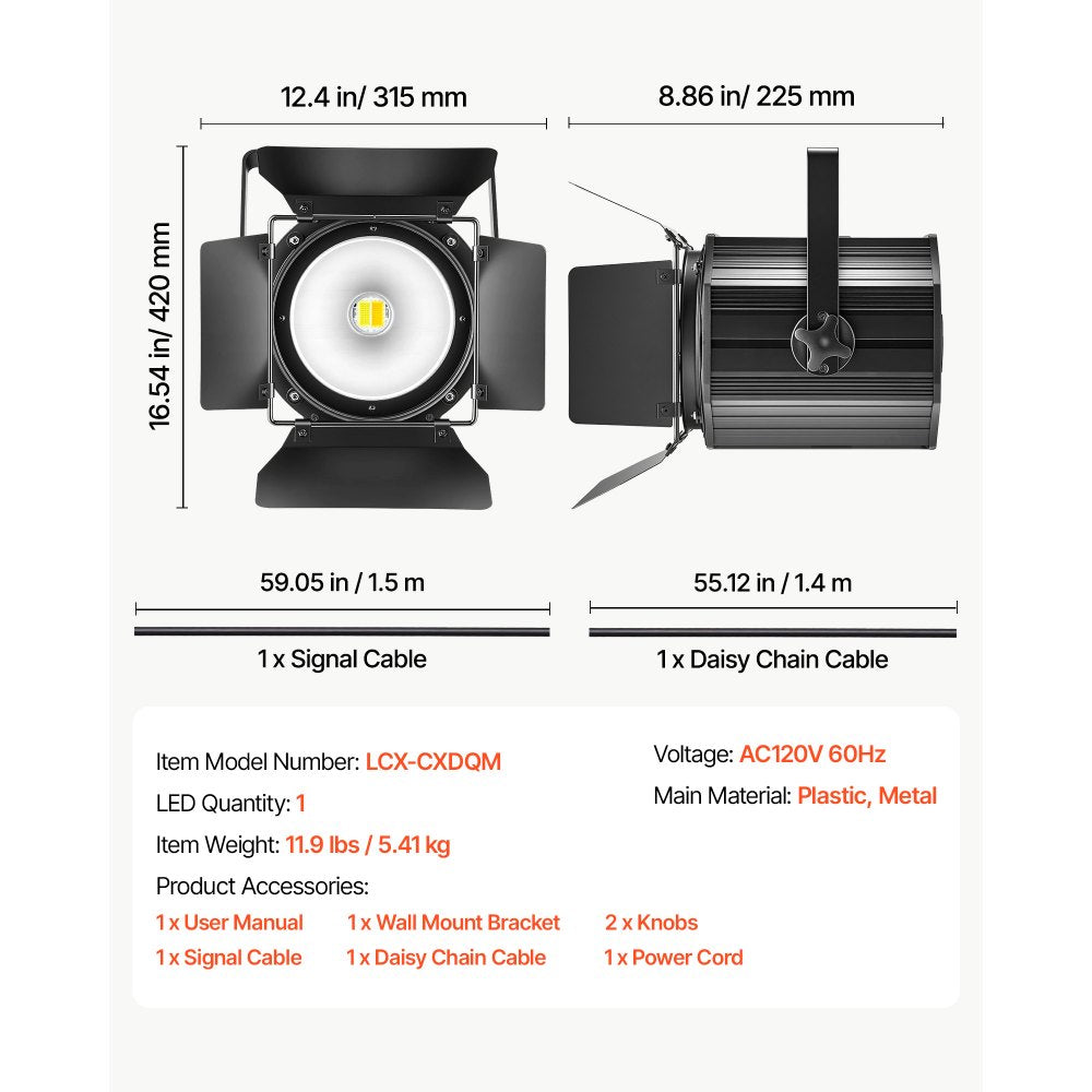 VEVOR Stage Light with Barn Doors, 200 W 6 in 1 COB Par Light RGBWA-U-V, Spotlight for Event, Wedding, Church, Theater, Bar, Concert, Auto/DMX/Master-Slave/Sound Control, Signal Cable & Power Cord