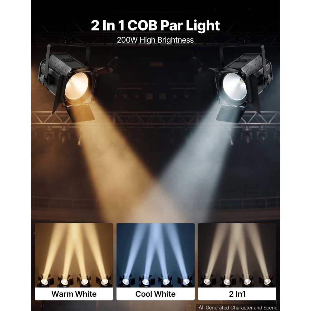 VEVOR Stage Light with Barn Doors, 200 W COB Par Light Cool and Warm White, Spotlight for Event, Wedding, Church, Theater, Bar, Auto/DMX/Master-Slave/Sound Control, Signal Cable & Power Cord Included