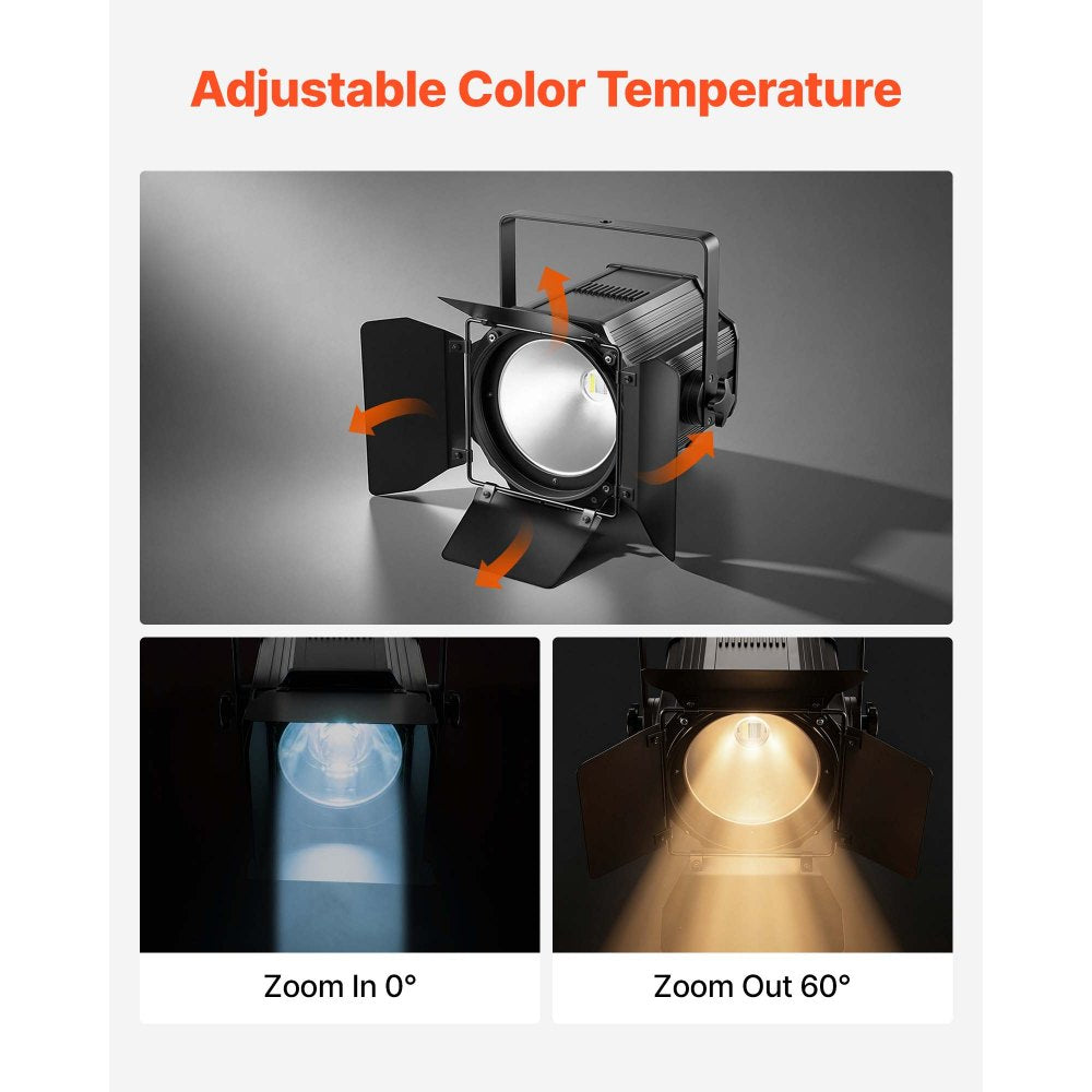 VEVOR Stage Light with Barn Doors, 200 W COB Par Light Cool and Warm White, Spotlight for Event, Wedding, Church, Theater, Bar, Auto/DMX/Master-Slave/Sound Control, Signal Cable & Power Cord Included