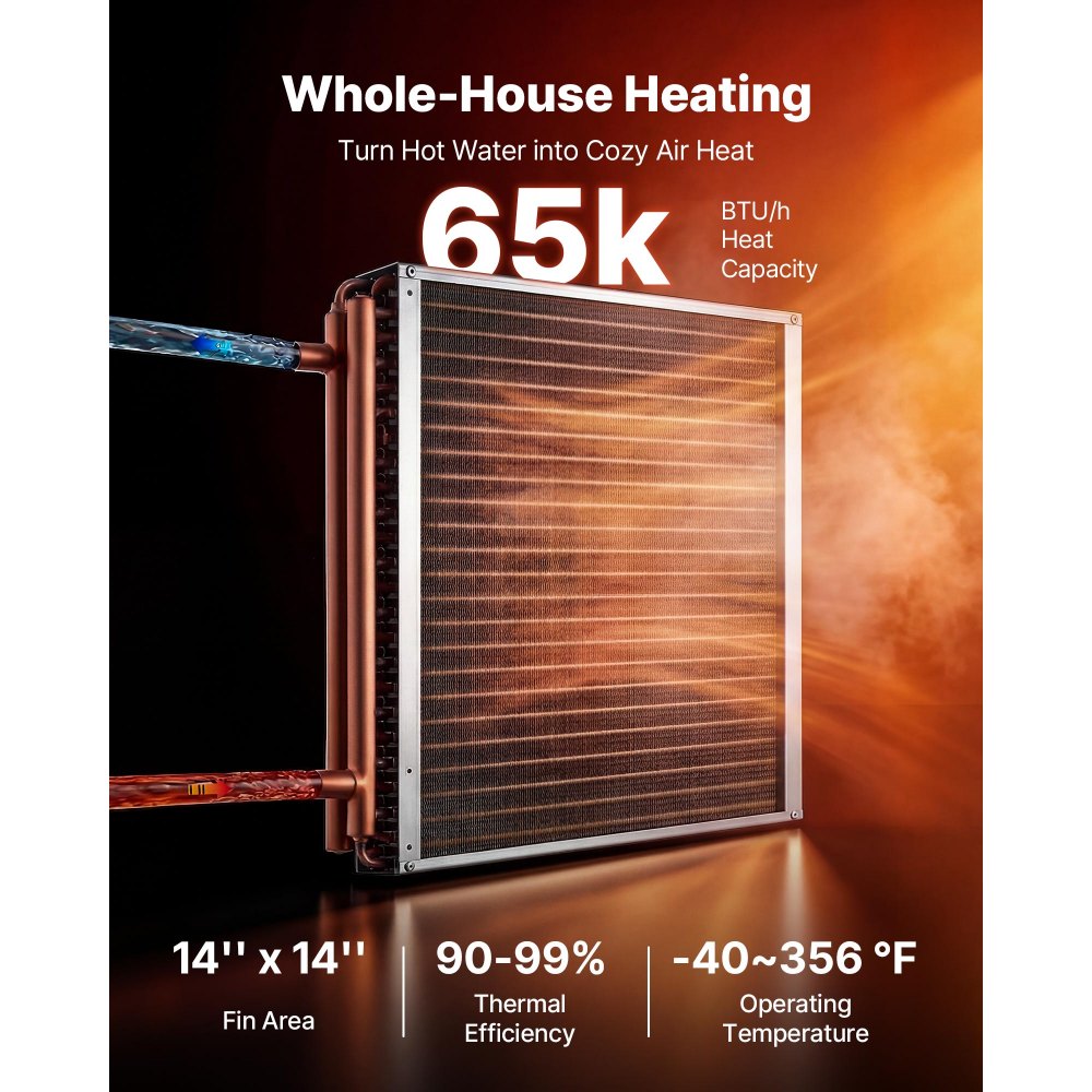 VEVOR Water to Air Heat Exchanger, 14 x 14 in Finned Tube HVAC Heat Exchanger Coil with Copper Tubes & Aluminum Fins, 65K BTU Output for Outdoor Wood Furnace, Hydronic Heating & Cooling Systems