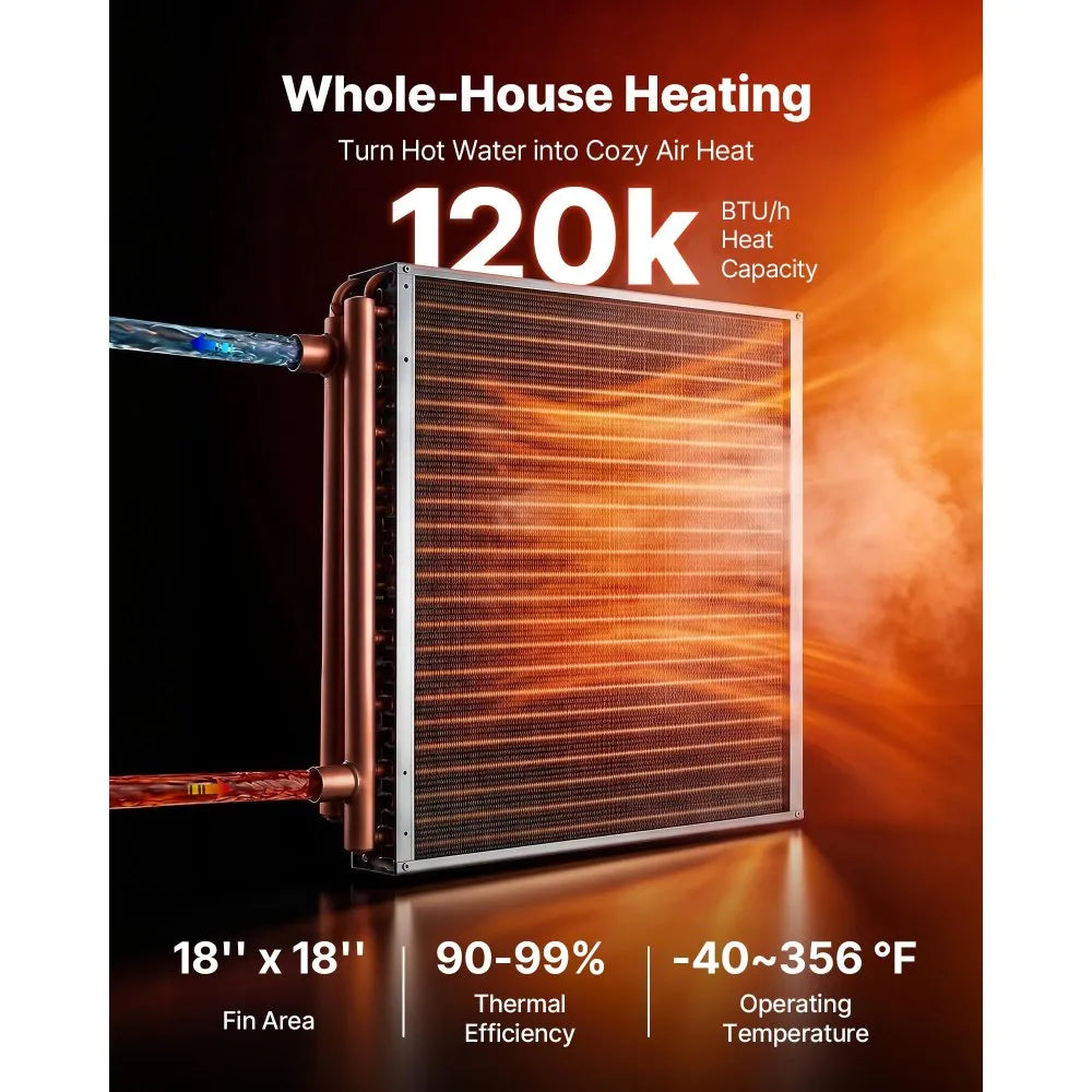 VEVOR Water to Air Heat Exchanger, 18 x 18 in Finned Tube HVAC Heat Exchanger Coil with Copper Tubes & Aluminum Fins, 120K BTU Output for Outdoor Wood Furnace, Hydronic Heating & Cooling Systems