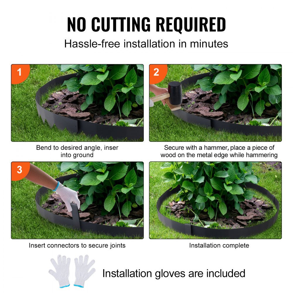 VEVOR Steel Landscape Edging, 3-pack Steel Garden Edging Borders, 40" L x 8" H Strips, Hammer-in Edging Border with 5 Clips, Bendable Metal Landscape Edging for Yard, Garden, Lawn
