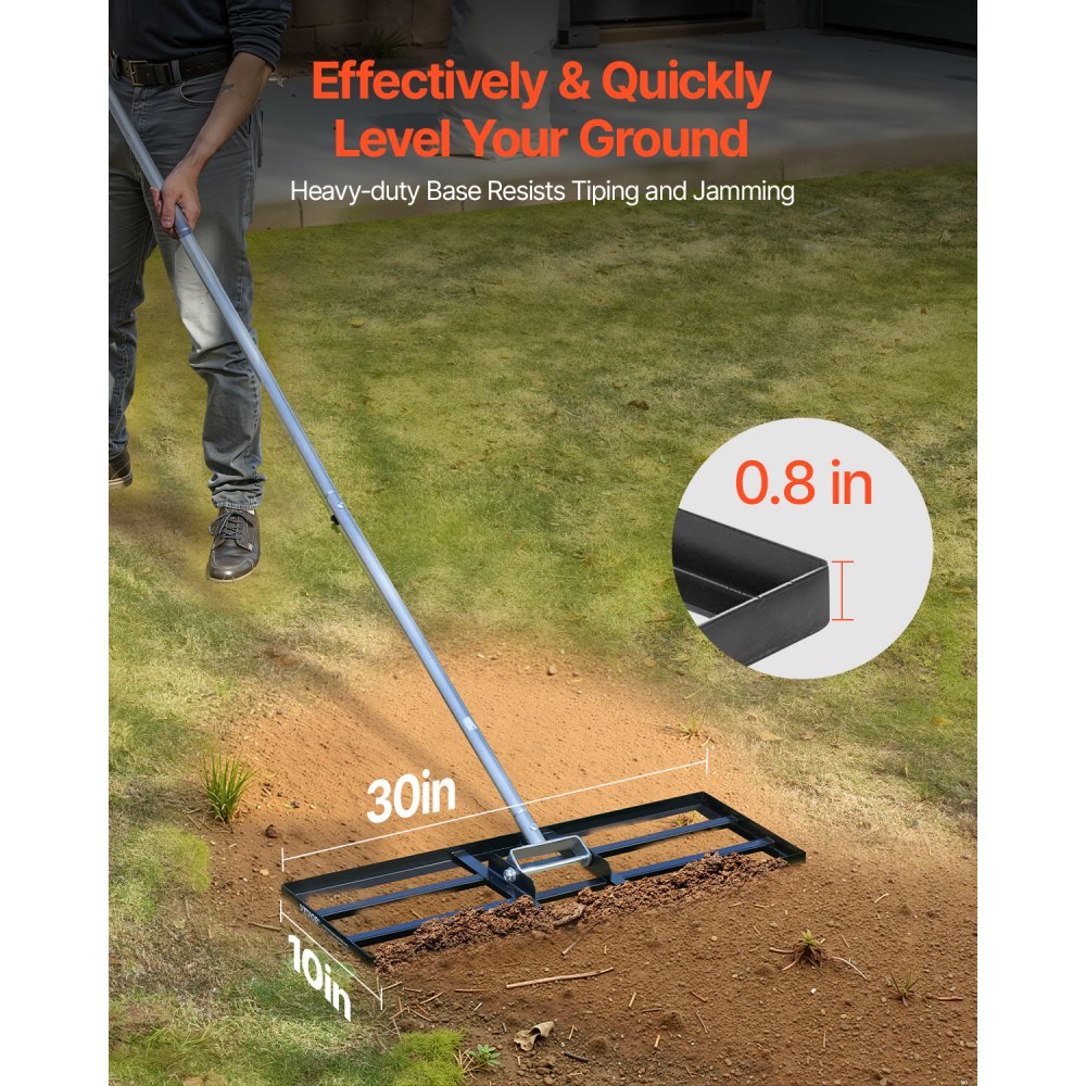 VEVOR Lawn Leveling Rake, Lawn Leveler with 83.9 in Handle, 30x10 in Ground Plate, Rust-Resistant Carbon Steel Soil Leveler, 3 Heights Adjustable, Effort Saving Lawn Leveling Tool for Yard Golf Court