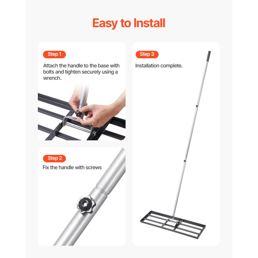 VEVOR Lawn Leveling Rake, Lawn Leveler with 83.9 in Handle, 30x10 in Ground Plate, Rust-Resistant Carbon Steel Soil Leveler, 3 Heights Adjustable, Effort Saving Lawn Leveling Tool for Yard Golf Court