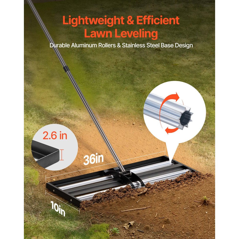 VEVOR Updated Lawn Leveling Rake with Roller, 36" x 10" Stainless Steel Lawn Leveler with 83.9" Adjustable Handle, Heavy Duty Yard Leveling Rake, Effort Saving Lawn Leveling Tool for Yard Golf Court