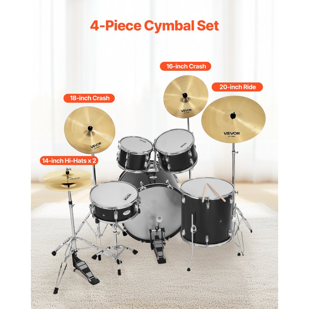 VEVOR Cymbal Pack, 4 Pieces Cymbals for Drum Set, Alloy Cymbals Drum Set Includes 14-inch Hi-Hats, 16-inch Crash, 18-inch Crash, 20-inch Ride, Drumsticks & Cymbal Bag, Alloy Cymbal Pack for Drummer