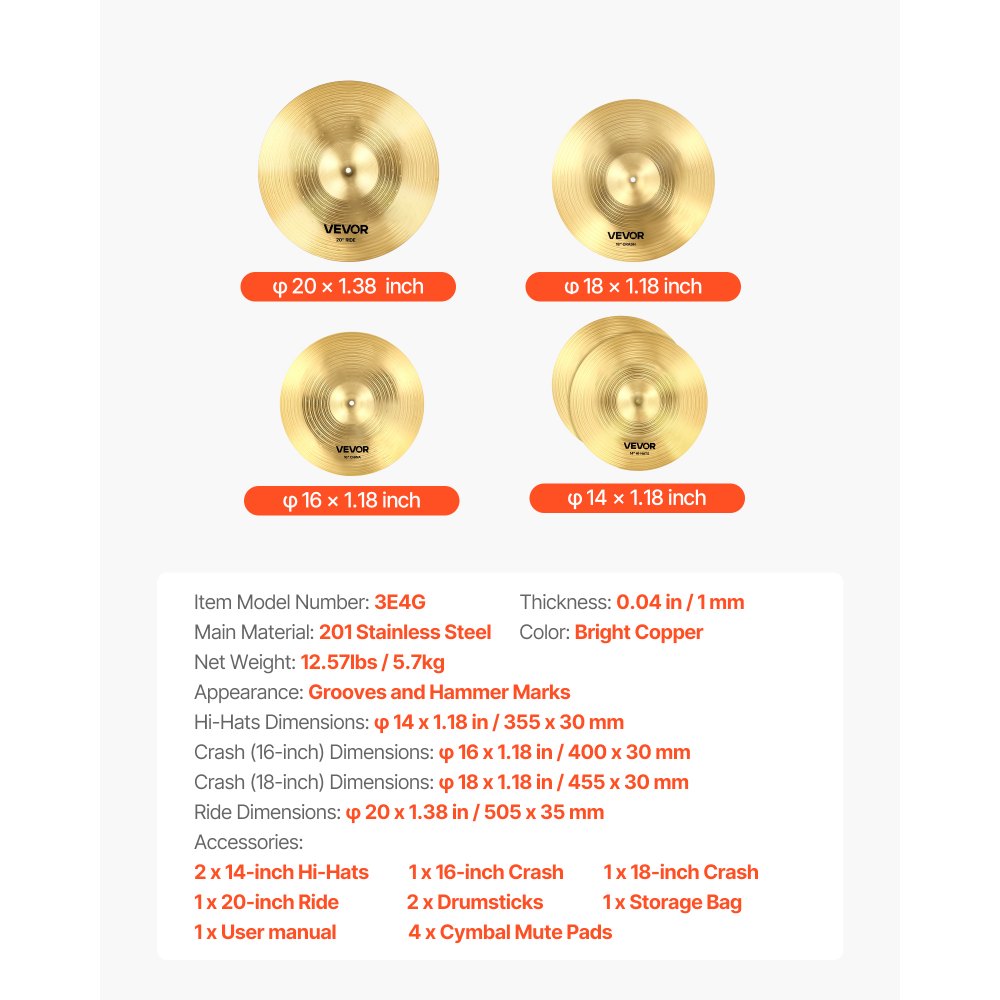 VEVOR Cymbal Pack, 4 Pieces Cymbals for Drum Set, Alloy Cymbals Drum Set Includes 14-inch Hi-Hats, 16-inch Crash, 18-inch Crash, 20-inch Ride, Drumsticks & Cymbal Bag, Alloy Cymbal Pack for Drummer