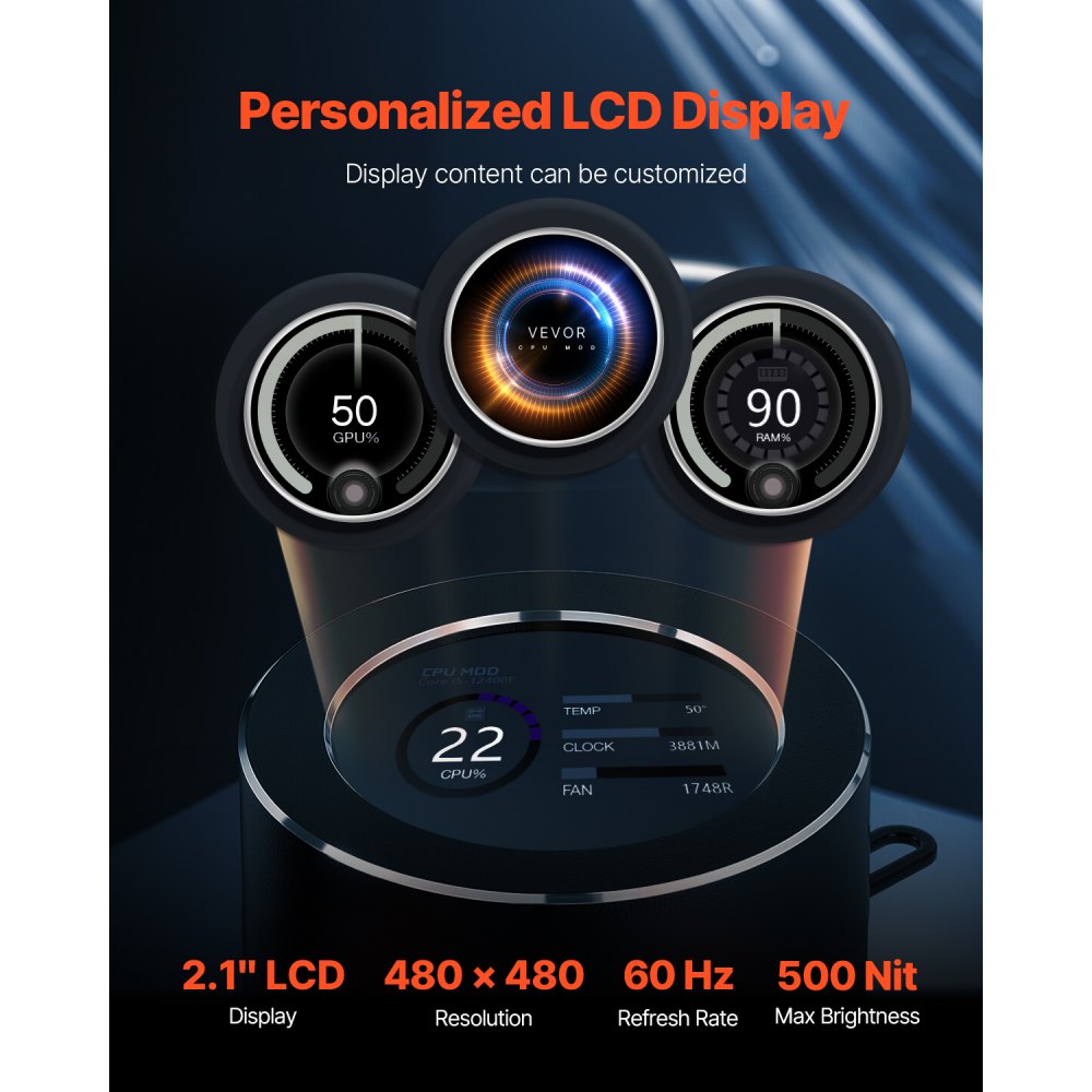 VEVOR CPU Liquid Cooler, AIO CPU Water Cooler - 120mm PWN Fans & Pump, Customizable Black PC Liquid Cooler with 2.1'' LCD Display & ARGB light, for Intel 115X/1366/2011/1700/1200, AMD AM4/AM5