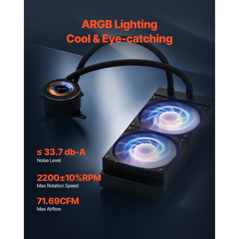 VEVOR CPU Liquid Cooler, AIO CPU Water Cooler - 120mm PWN Fans & Pump, Customizable Black PC Liquid Cooler with 2.1'' LCD Display & ARGB light, for Intel 115X/1366/2011/1700/1200, AMD AM4/AM5