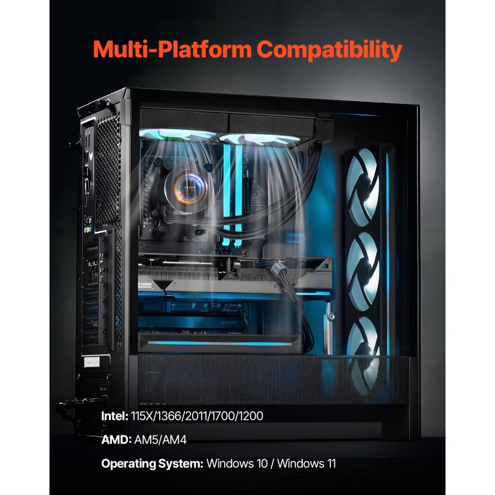 VEVOR CPU Liquid Cooler, AIO CPU Water Cooler - 120mm PWN Fans & Pump, Customizable Black PC Liquid Cooler with 2.1'' LCD Display & ARGB light, for Intel 115X/1366/2011/1700/1200, AMD AM4/AM5