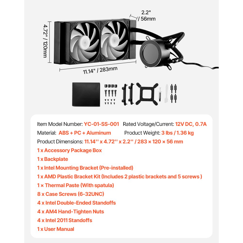 VEVOR CPU Liquid Cooler, AIO CPU Water Cooler - 120mm PWN Fans & Pump, Customizable Black PC Liquid Cooler with 2.1'' LCD Display & ARGB light, for Intel 115X/1366/2011/1700/1200, AMD AM4/AM5