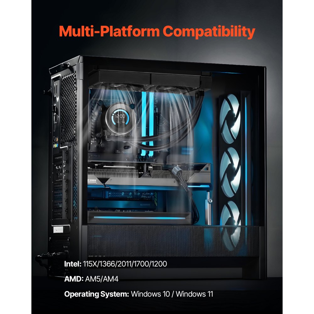 VEVOR CPU Liquid Cooler, AIO CPU Water Cooler - 120mm PWN Fans, Pump, 1.8'' Display, Max. 2200RPM CPU Cooling Fan, Efficient Black PC Water Cooler for Intel 115X/1366/2011/1700/1200, AMD AM4/AM5