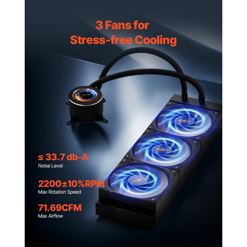 VEVOR CPU Liquid Cooler, AIO CPU Water Cooler - 3 x 120mm PWN Fans, Pump & 2.1'' LCD Display, Max 2200PRM Black CPU Cooling Fan, Compatible for Intel 115X/1366/2011/1700/1200, AMD AM4/AM5